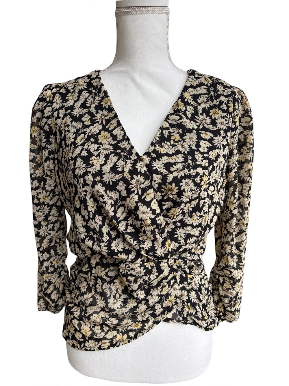 ASTR the Label Black Yellow Floral Draped Boho Blouse M NWT